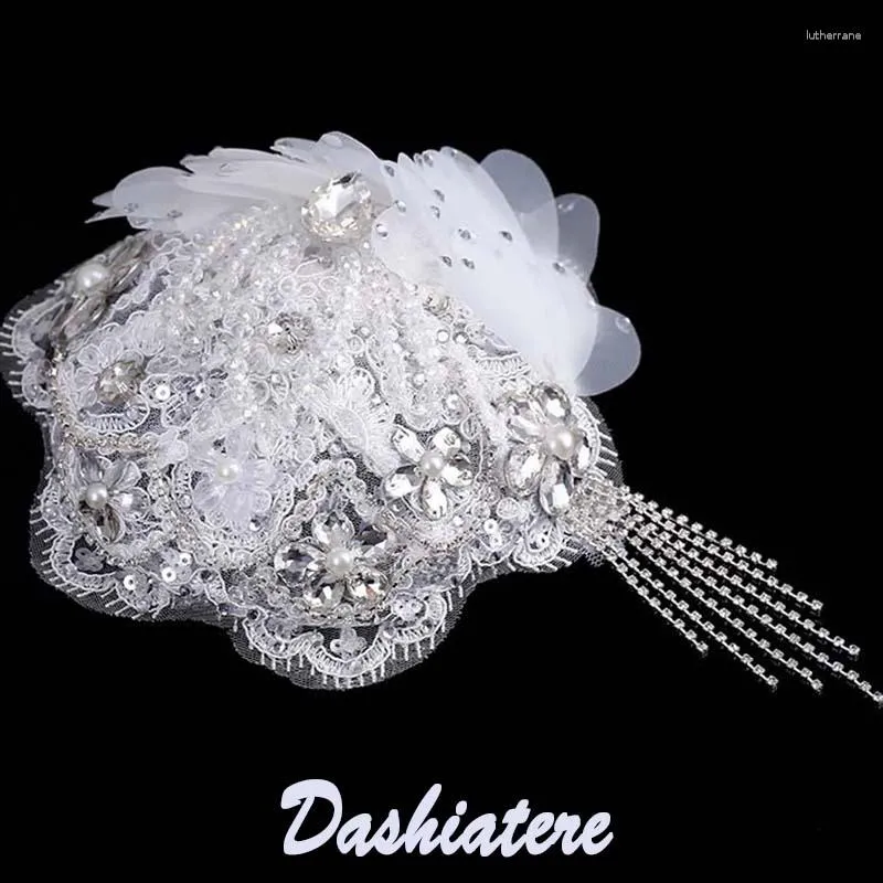 Hårklipp dashiater bröllop Barrettes vit liten hatt fascinator kristall pärla tillbehör brud dräkt brud huvudstycke