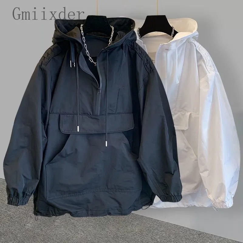 Мужские куртки Gmiixder с капюшоном, куртка-карго, мужская и женская модная свободная рабочая одежда, топ на молнии, унисекс, лоскутная ветровка с большим карманом 230911
