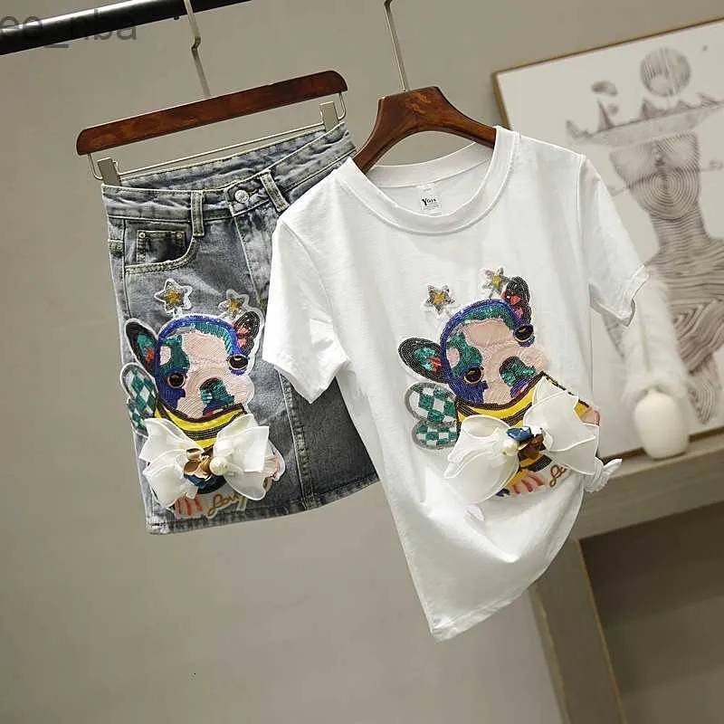 Zwei Stück Set Frauen Bienen Cartoon Pailletten T-shirt Spitze Bogen T-shirt Casual t-shirt + Rock Anzüge Frau Jeans Denim kurze Sets