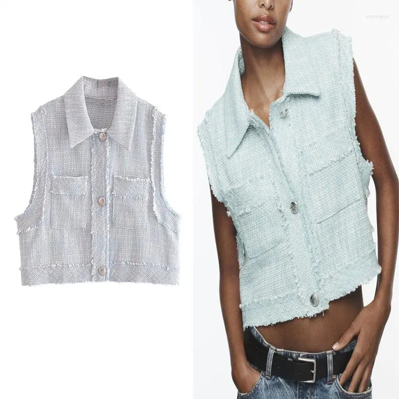 Gilet da donna Gilet corto strutturato sfilacciato da donna Top monopetto senza maniche con risvolto vintage per l'autunno 2023