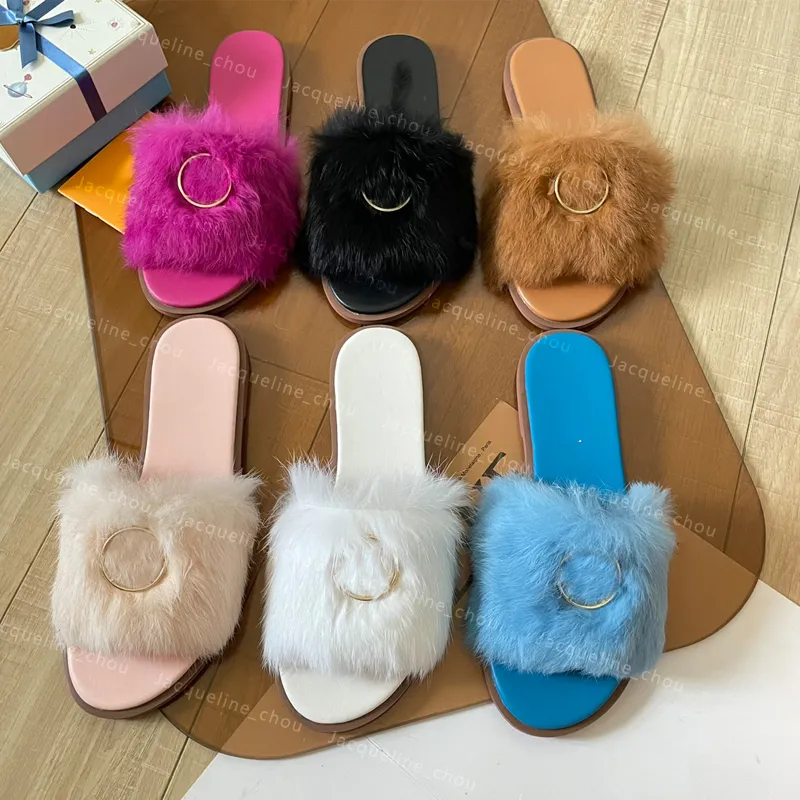 Pantofole in pelliccia invernale Designer Donna Scivoli soffici Cerchio di metallo Caldo peluche Peloso Pantofola da casa Sandalo Sandali con tacco piatto da esterno Scarpe Taglia 36-42