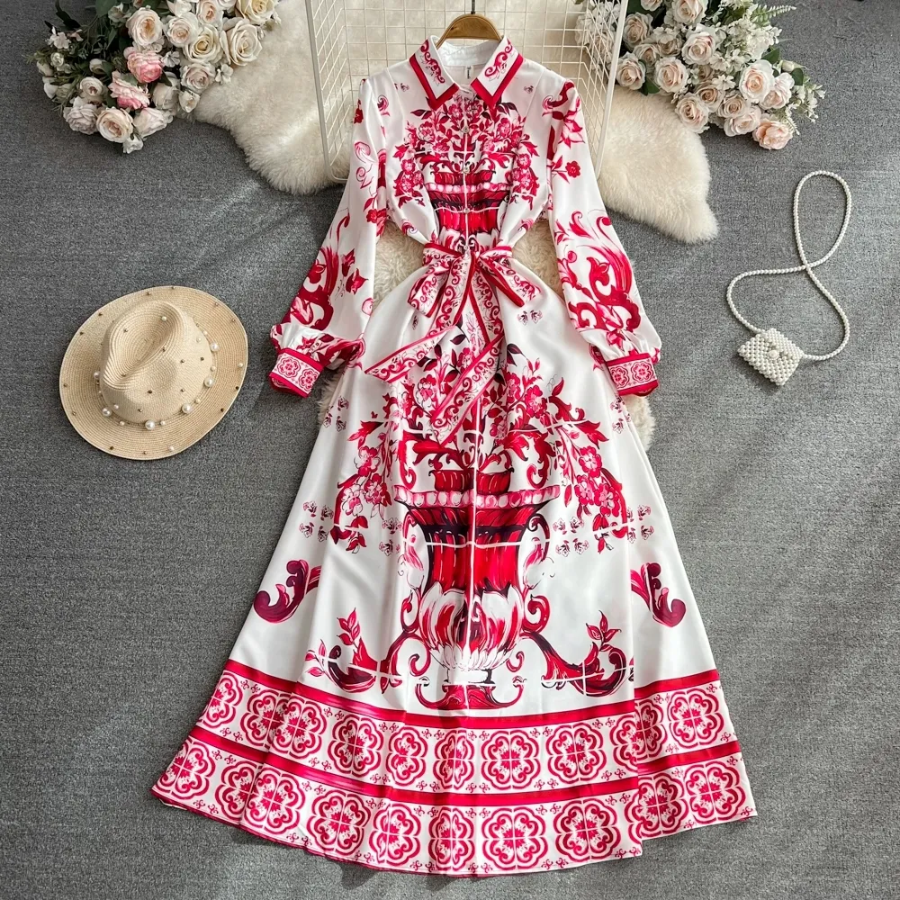 Vintage Palace Style Dress Long Sleeve Lapel Waist Slim Lace up Celadon Print A-line Dress Elegant Long Dress