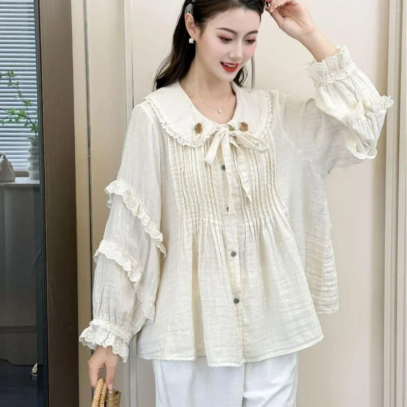 Women's Blouses Sweet Tie Up Doll Neck Double Layer Cotton Loose Wide Shirt Female Autumn Lace Patchwork Tops For Women Chemises Et Coat