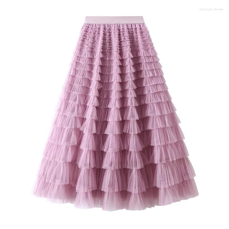 Skirts Jupe Femme Ete Spring Party Skirt Elastic High Waist Long Tulle Women Multilayer Ruffles Pink Mesh Tutu Ladies