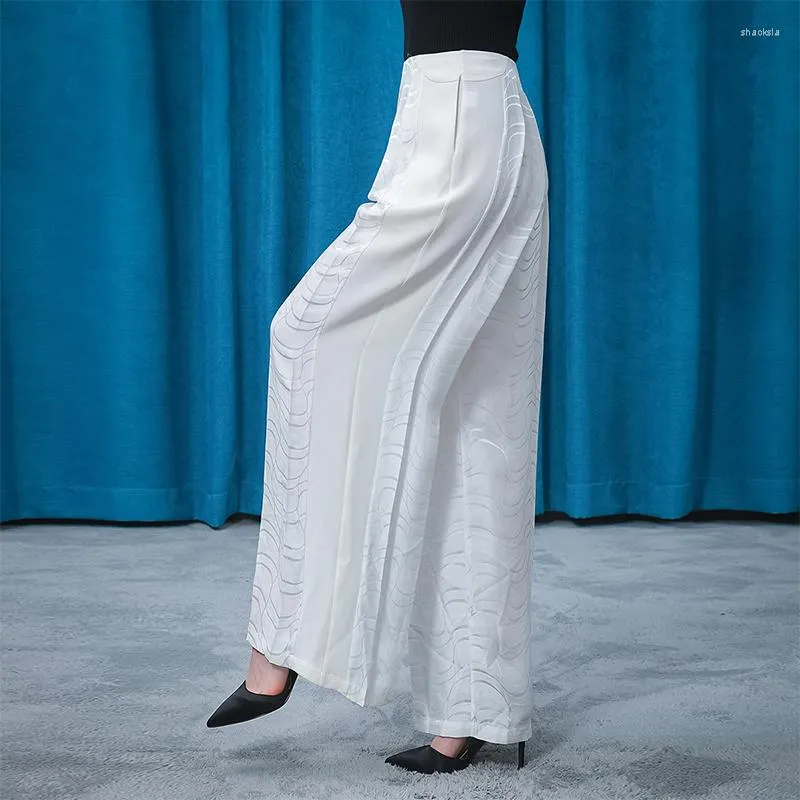 Pantaloni da donna Jacquard di seta Mezzaluna Bianco Vita naturale Donna KE508 Pieghettatura laterale invisibile Pantaloni rinfrescanti a gamba larga