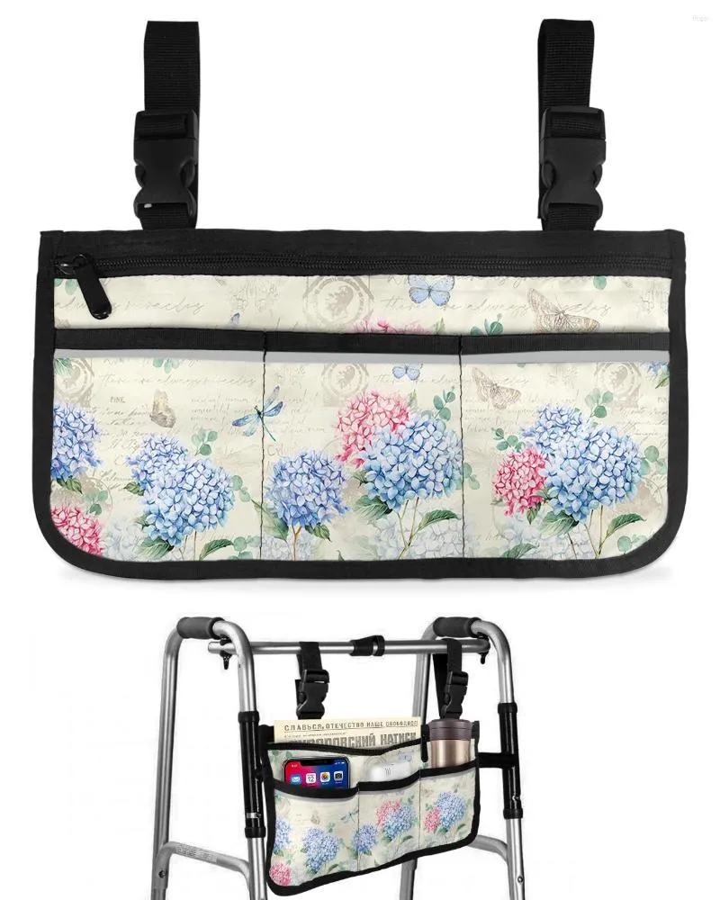 Sacos de armazenamento Hydrangea Flor Libélula Vintage Cadeira de Rodas Bolsa com Bolsos Apoio de Braço Lateral Scooter Elétrico Andando Quadro Bolsa