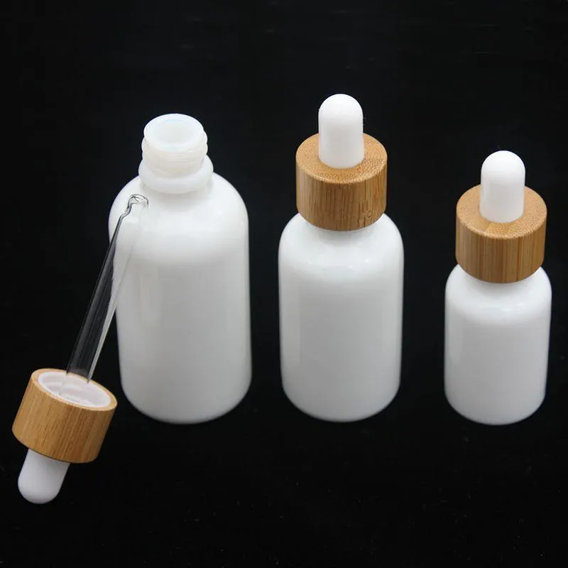 オパールホワイトガラスボトル15ml 30ml 50mlと竹のドロッパー1オンス木製エッセンシャルオイルボトル磁器vpige