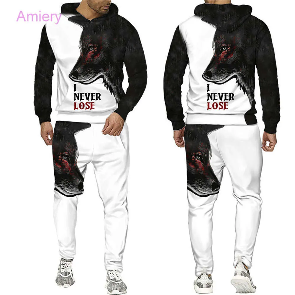 Outono e inverno masculino agasalho menino moda pulôver moletom masculino duas peças lobo 3d impresso camisola com capuz conjunto calças masculino streetwear ternos de pista