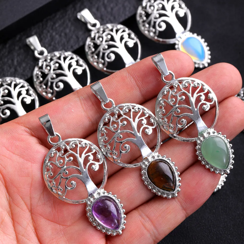 Rich Lucky Tree of Life Charms Water Drop Natural Stone Quartz Pendant Healing Crystal Jewelry Making Gift Wholesale