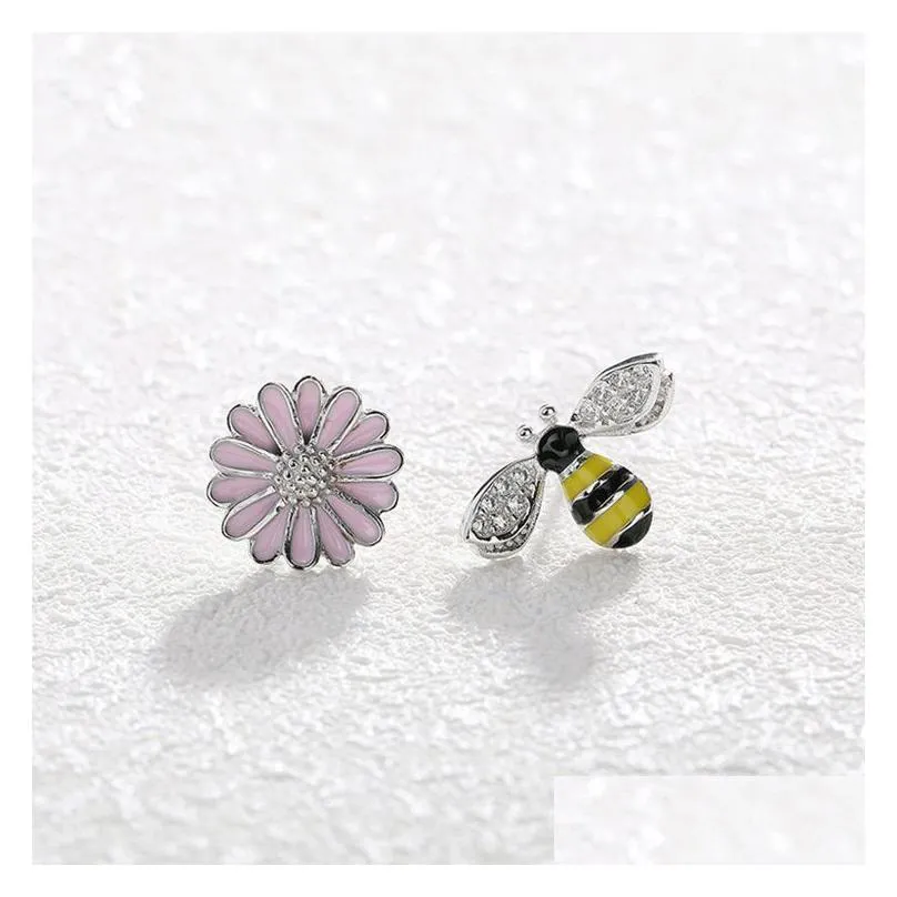 Stud Daisy Bee Renkli Eşyalı% 100 Gerçek Katı 925 Sterling Sier Takı Küpe Toptan Damla Teslimat Dhgarden DHH0M