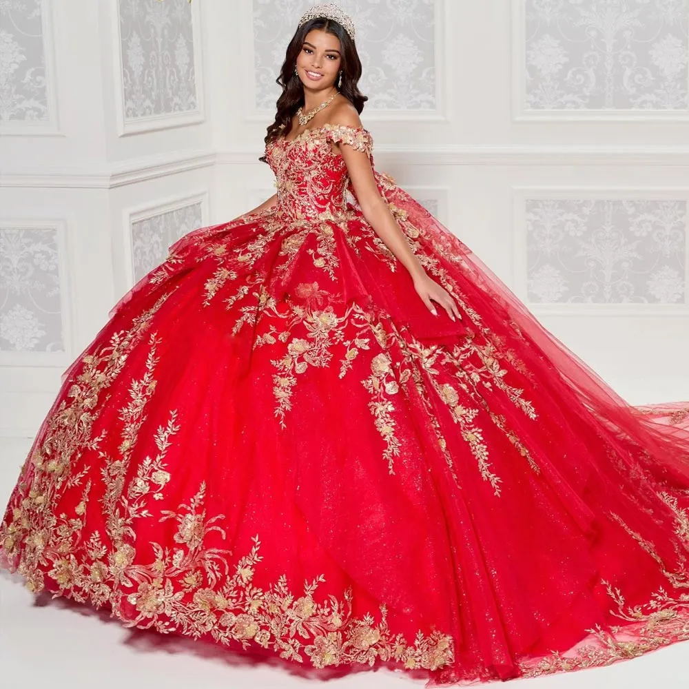 Robe De Bal Rouge Quinceanera Robes Perlées Appliquées Robes De Bal Sur
