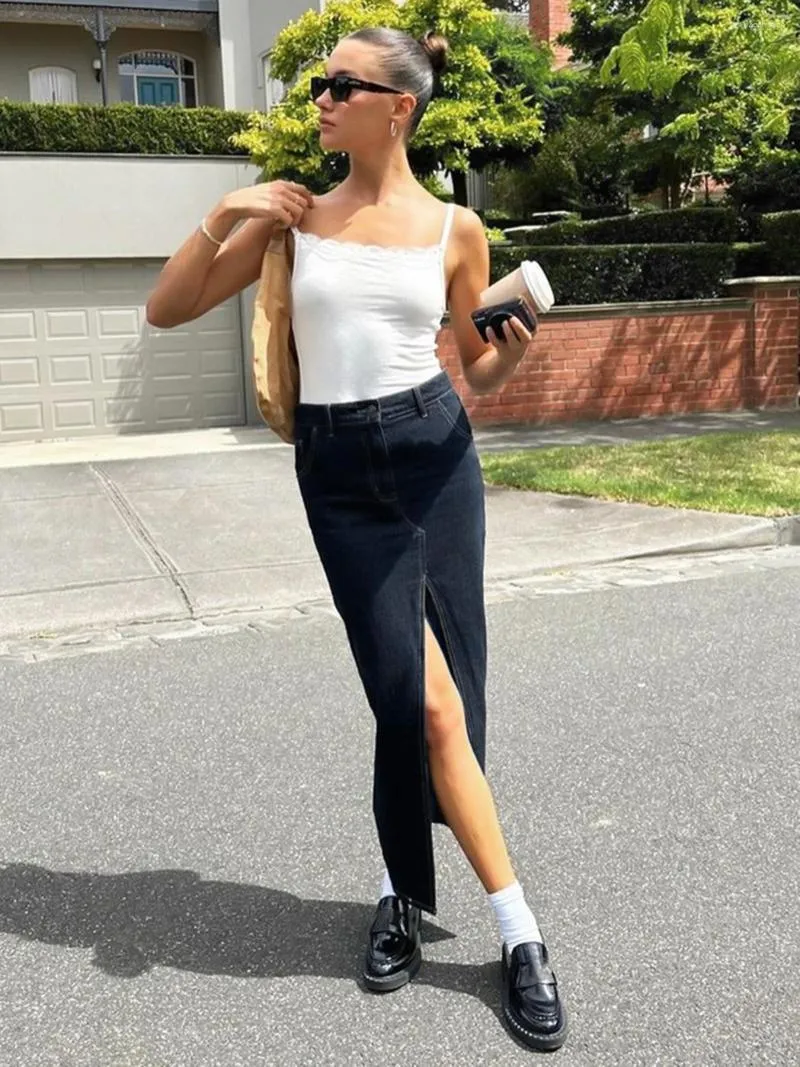 Spódnice Jyate Summer Blue Slit Denim Women 2023 Streetwear Low Rise Talia Prosta mody Bawełniane kieszenie Slim Long