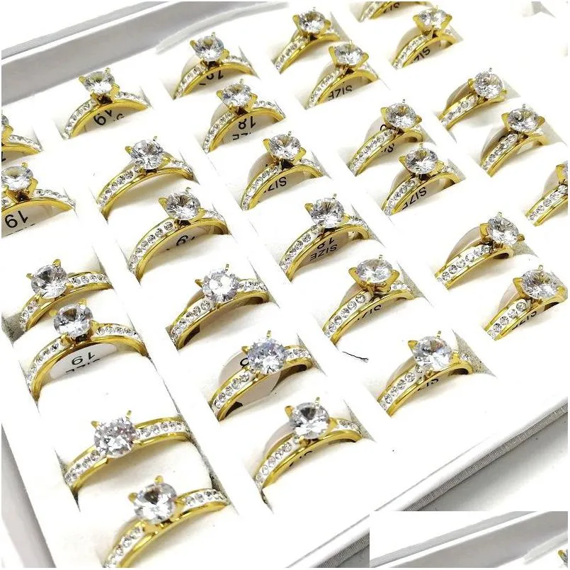 Band Rings 10Pcs/Lot Stainless Steel Band Ring Big Zircon Crystal Rhinestone Women Size 6 To 11 Wedding Gift Jewelry Drop Delivery Dhojh