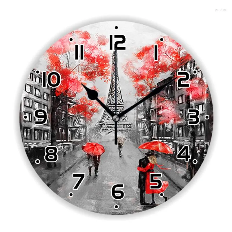 Horloges murales Élégant Pastel Rouge Paris Tour Peinture À L'huile Horloge Pour Salon Moderne France Ville Paysage Art Montre Décor À La Maison 35