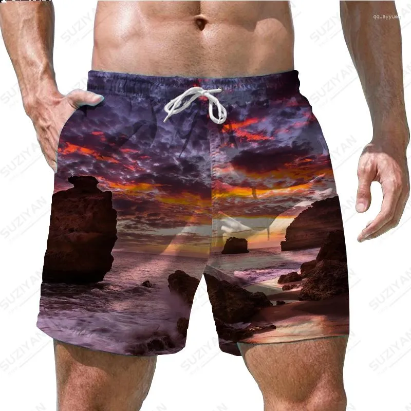 Shorts masculinos verão praia calças céu paisagem impressão 3D estilo havaiano lazer cordão casa basquete