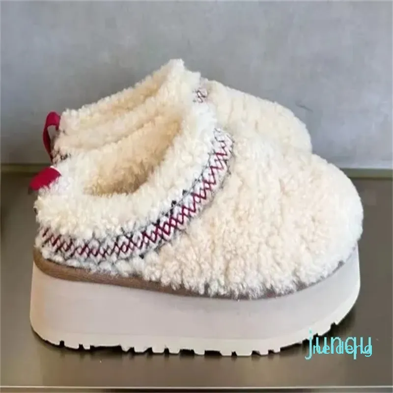 Designer - fluffy slippers boots for women wearing Lamb fur one platform shoes with elevated bun head slippers