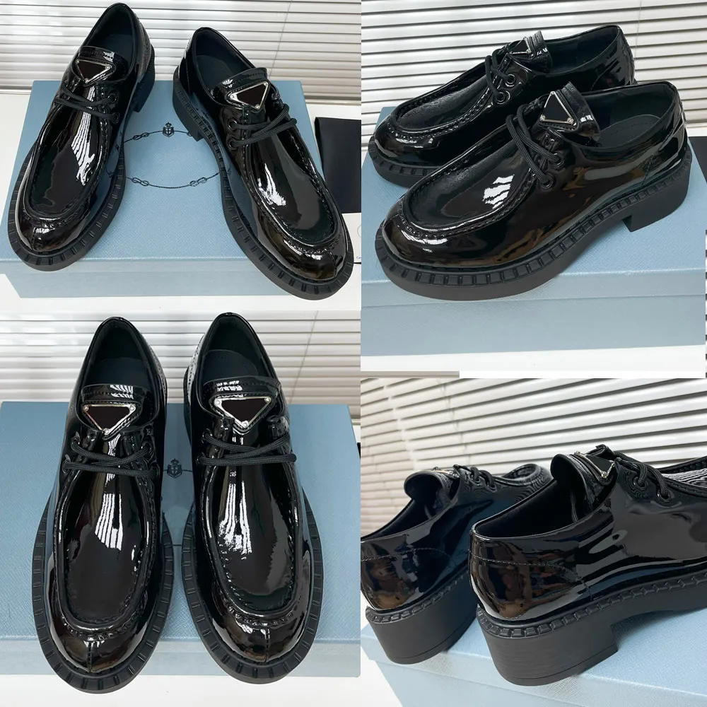 Scarpe stringate in pelle spazzolata Schnürschuhe aus gebürstetem Leder Nero 1E249N Emailliertes Dreieckslogo auf dem Schuhblatt Neue Damen-Loafer Marke Loafer Leder-Loafer