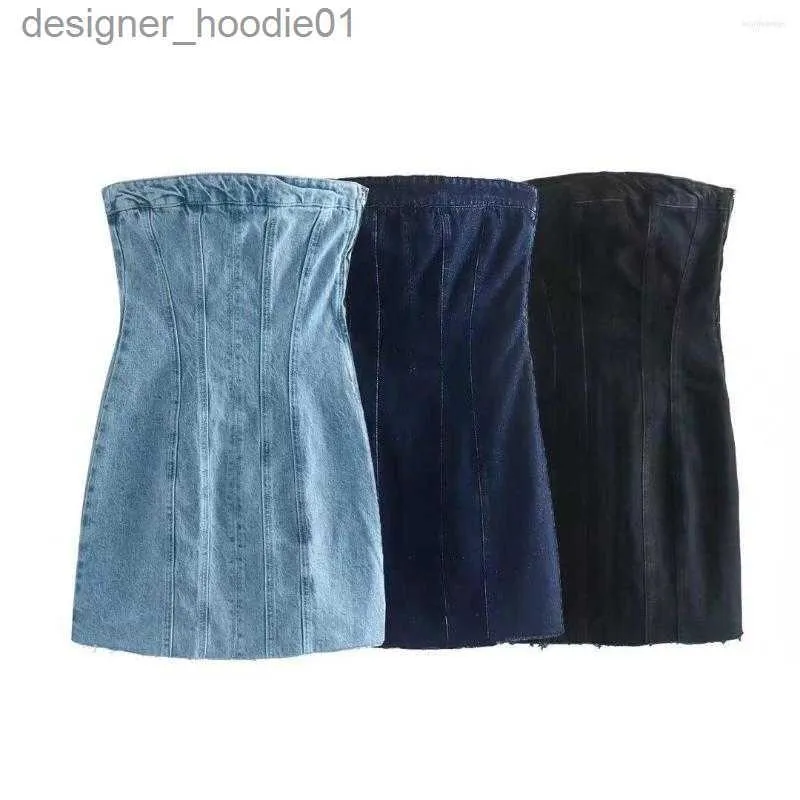 Gonne Gonne Zevity Moda Donna Spalle scoperte Senza spalline Slim Corto Mini camicia di jeans Abito da donna Cerniera laterale Abiti da festa casual L230912
