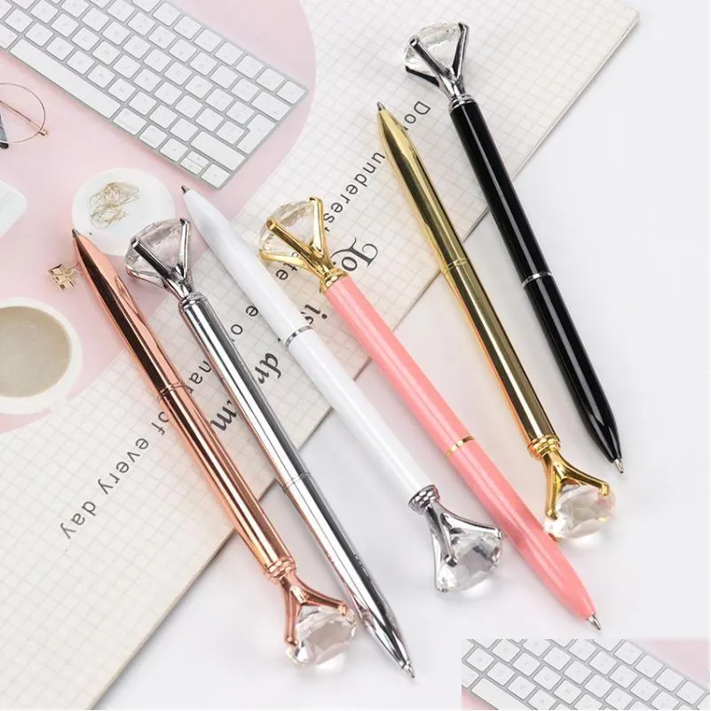 Stylos à bille en gros 1PC Big Diamond Crystal Pen Gem Bague Bureau Métal Roller Ball Noir Rose Or Sier Rose Drop Livraison École Dhtwc