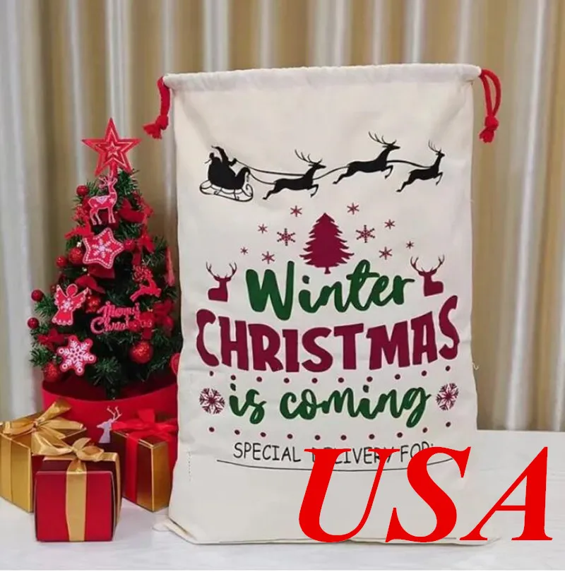 Bolsa de sacos de Papá Noel con sublimación en stock de EE. UU., bolsas de regalo de Navidad para guardar regalos, rellenos de medias o decoraciones, 50 unidades por caja