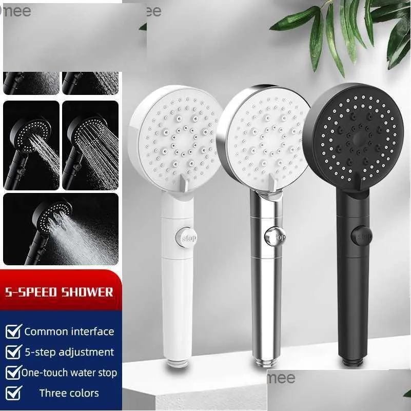 Bathroom Shower Heads Zhangji 2022 New 5-Function Head With Stop Button 10Cm Big Panel Sile Gel Hole Easy Cleaning Nozzle Sprayer Drop Dhx7F