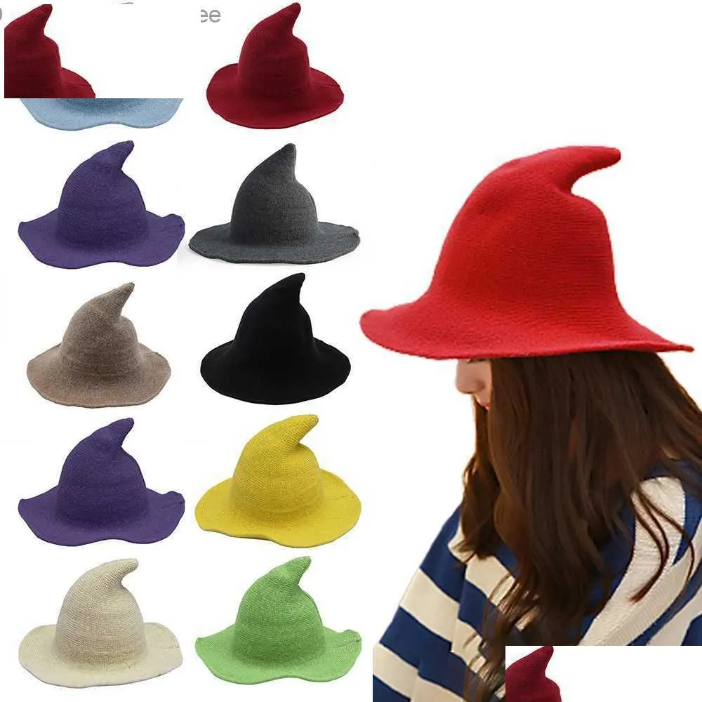 Cappelli da festa Adt Cappello da strega di Halloween per bambini Cappello di lana lavorato a maglia Solido Vestito operato Angolo superiore Up Puntelli per giochi di ruolo Consegna a domicilio Giardino domestico Fe Dhlwz