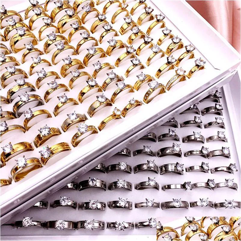 Anneaux de bande Mode 30pcs / lot en acier inoxydable cristal zircon anneau titane bande or sier style mixte hommes et femmes bijoux de mariage par Dhpj7