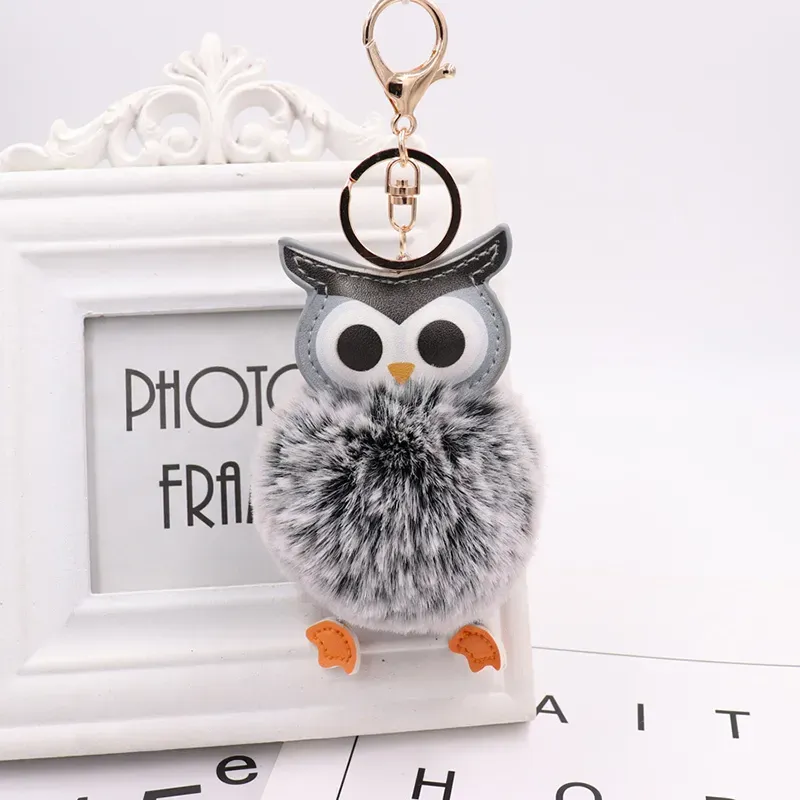 Cute Pompom Owl Keychain Plush Keyring Rabbit Fur Ball pompon Fluffy Leather cartoon Key Ring accessories Jewelry