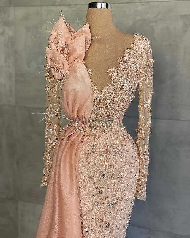Mermaid Long Sleeve Evening Dress Peach Pink Lace Beaded Illusion  Floor-Length Formal Gown with Turtle Neck and Zipper BC10885 from Dhgate  Street Style Dresses - price 425.13