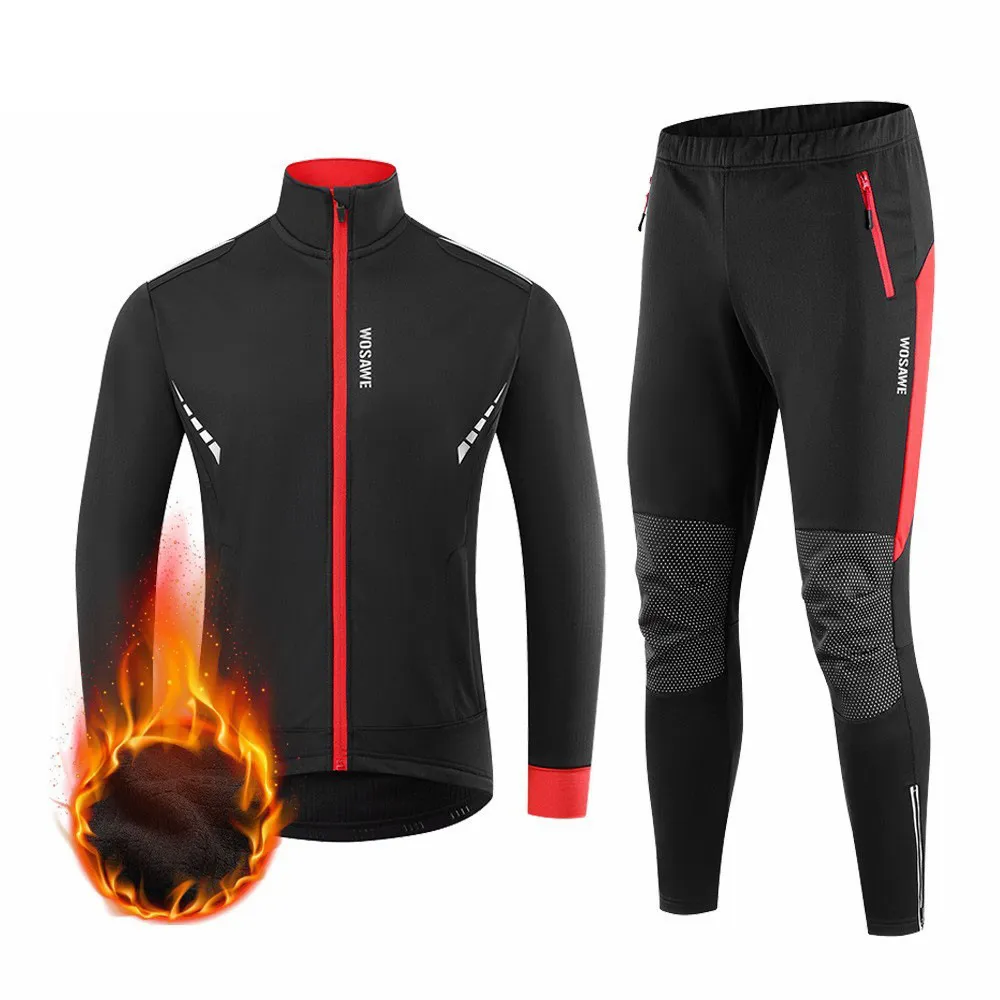 Wosawe heren mountainbike winter winter fleece warme broek met lange mouwen plus fleece fietspak