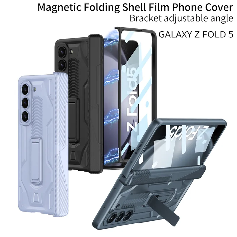 Capa de telefone luxuosa com dobradiça magnética Vogue para Samsung Galaxy Z Dobrável Fold5 5G Suporte invisível Proteção completa Soft Kickstand Membrana Heavy Duty Fold Shell