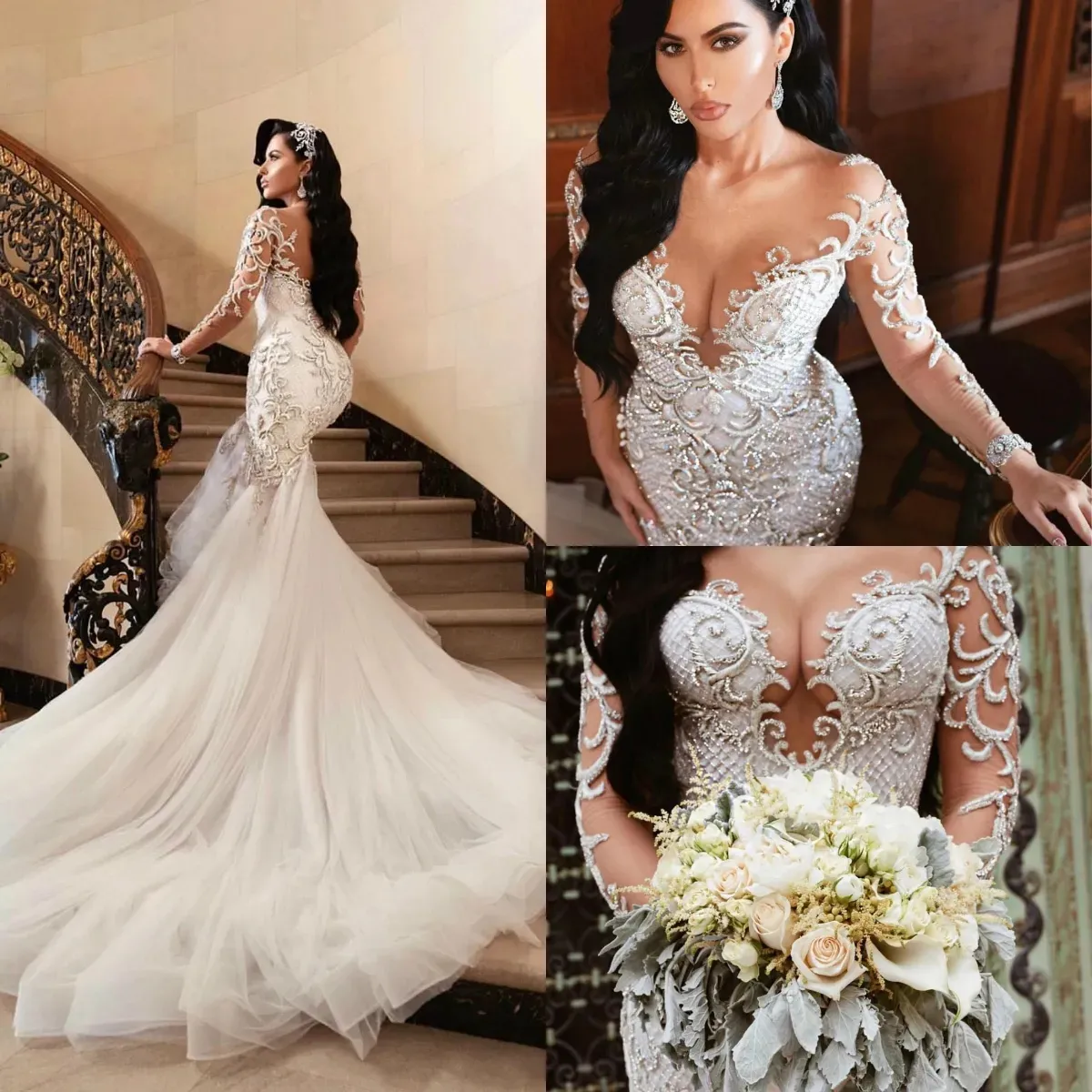 Robe de mariée Sexy en Tulle et dentelle, col en v, avec des Appliques de perles, bretelles Spaghetti, longueur au sol, robe de mariée trapèze, traîne chapelle 01