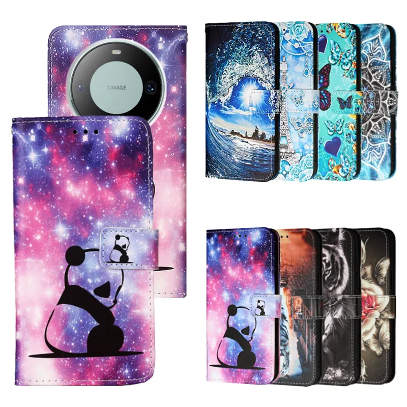 Étuis portefeuille en cuir PU pour Samsung S23 FE A24 A34 5G Huawei Mate 60 Pro Moto G14 Imprimer Dentelle Fleur Papillon Panda Tigre Tour Support Animal Flip Cover Pochette Sangle