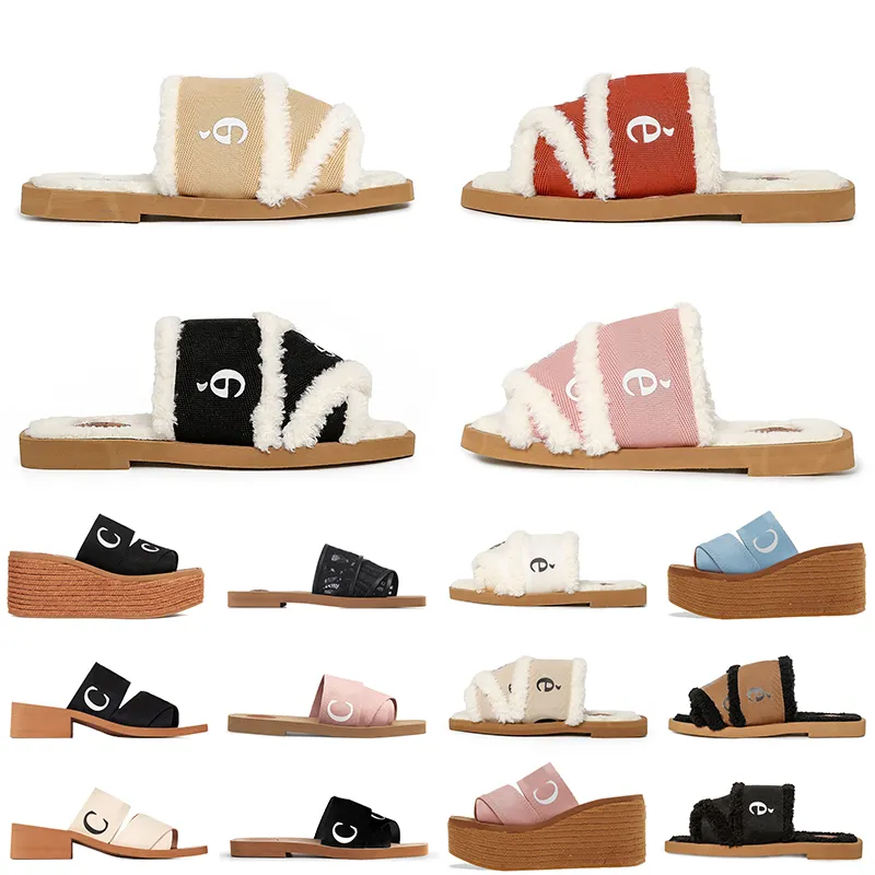 Toppdesigner päls glider Woody Flat Mules Sandaler Chlos tofflor broderade linne High Heel Woodys Espadrille Wedge Loafers Sliders Famous Coach Beach Shoes 35-42