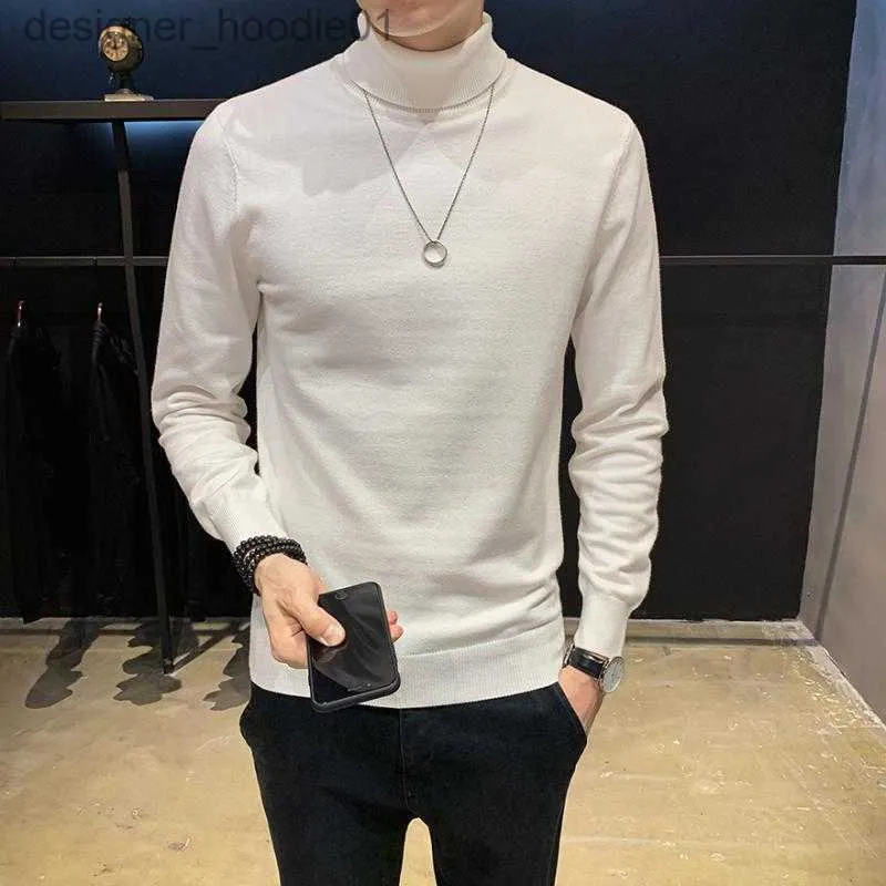 Herrtröjor 2020 Autumn Winter Men Sweaters Sticked Solid Casual Pullovers High Wish Down Collar Slim Fit Knitwear Basic Tops White L230912