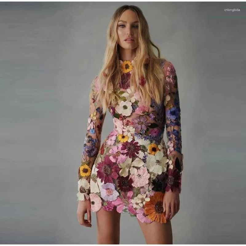 Save Big on Bulk Casual Dresses For Ladies Womens Petite Casual Dresses:  Floral Embroidered Mini Dress With Half High Collar And Long Sleeves  Elegant