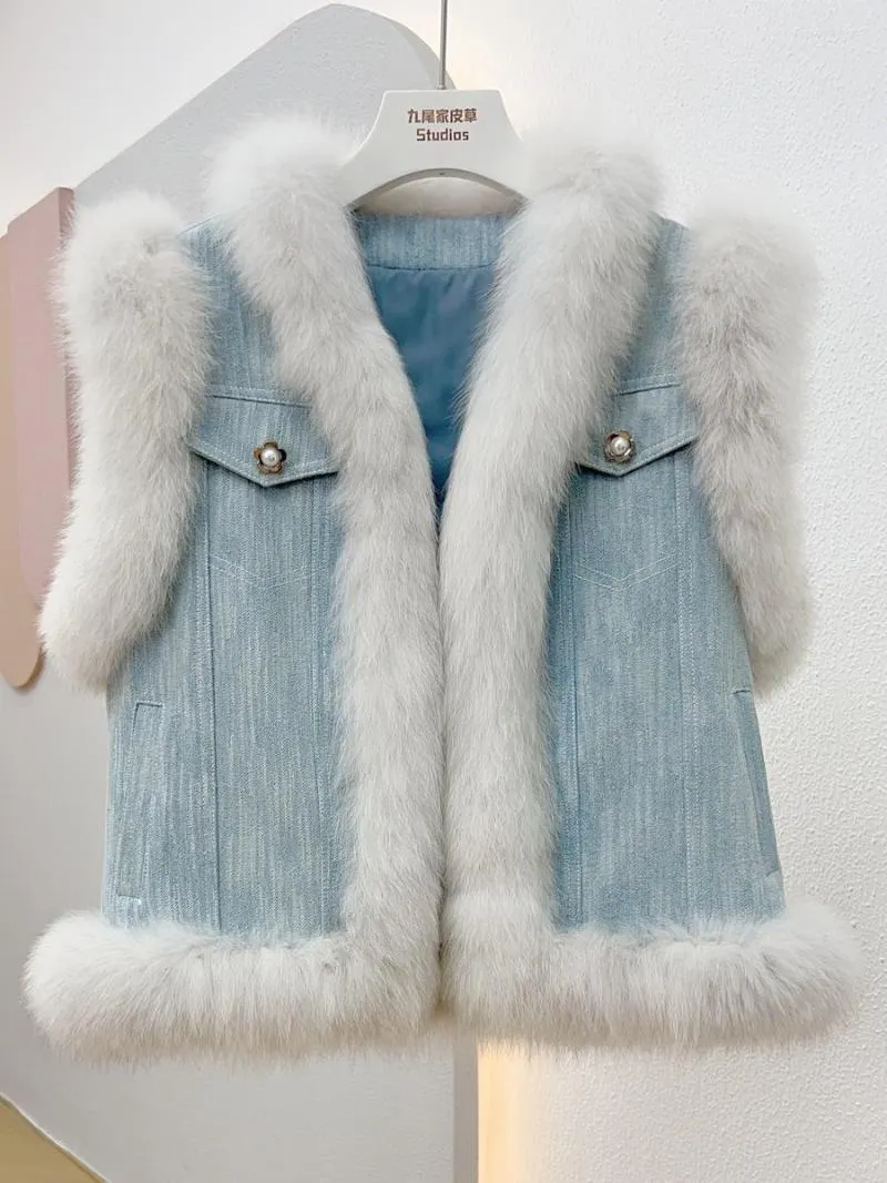 Женский меховой короткий джинсовый жилет из настоящего пальто, женская молодежная осень-зима 2023, пушистая толстая теплая одежда без рукавов