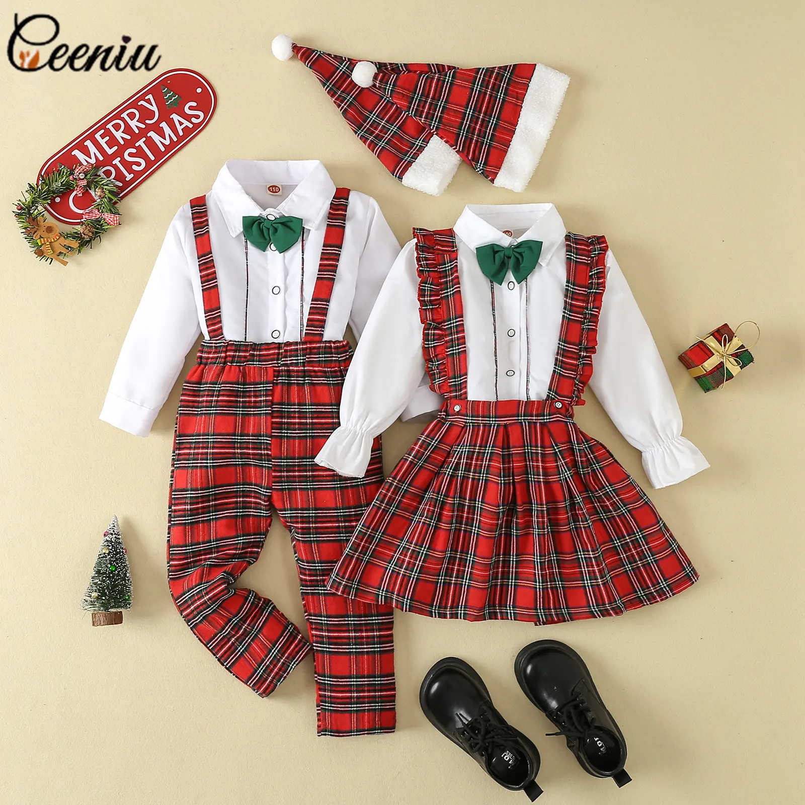 Clothing Sets Ceeniu 2-6Y Kids Christmas Outfit For Boys Girls White Necktie Shirts and Plaid Pants/Skirts Sister and Brother Matching Outfits 230912