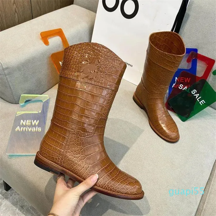 Autumn Mid-tube Boots Western Cowboy Boot Women Round Toe Leather Boasties Crocodile Grain Cowhide Fashion Casual Shoes High-End Quality