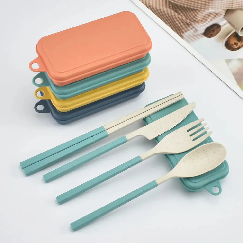 Vete Straw Folding Cutlery Set Kid Knife Fork Spoon Chopsticks Portable Dinnerware Kits Flatvaruuppsättning för resande camping G0912