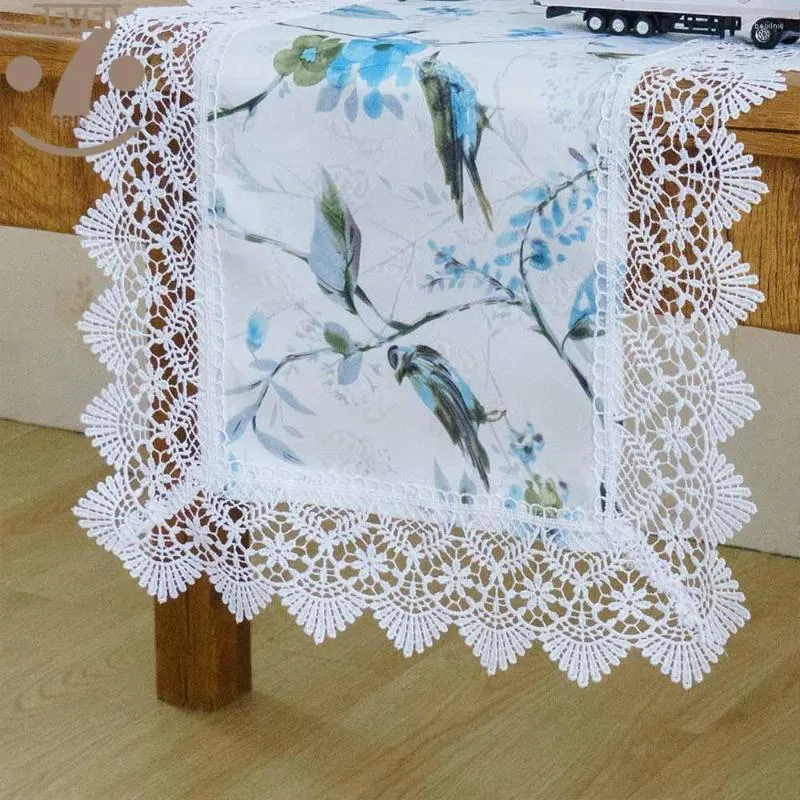 Table Runner Luxury Bleaching Color Birds Printing Jacquard Fabric Embroidered Border Decorative