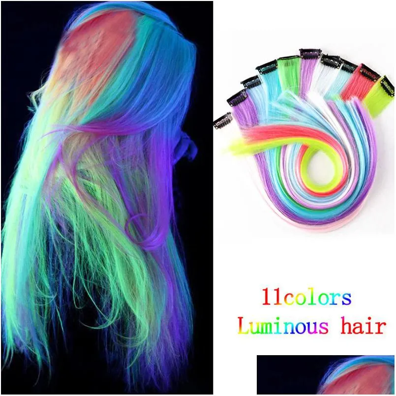 Synthetic Hair Extensions 50Cm Single Clip In One Piece Luminous Glowing Ombre Hairpieces For Women Girl Hairs With Clips Drop Deliv Dhyoz