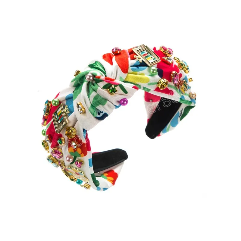 Luxury Fabric Printing Colorful Diamond Headband Fashion Hårtillbehör för kvinnor Söt hårband Hårband Hoop huvudbonader