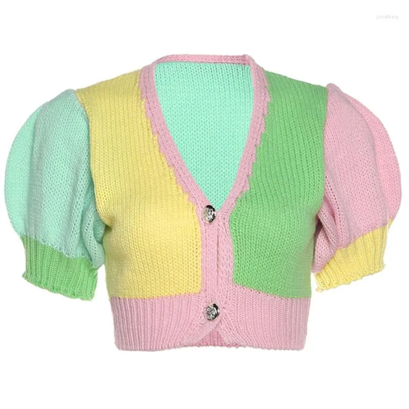 Maglieria da donna Donna Estate Puff Manica corta Crop Top Sexy Profondo scollo a V Bottone davanti Maglione lavorato a maglia Cardigan Harajuku Patchwork