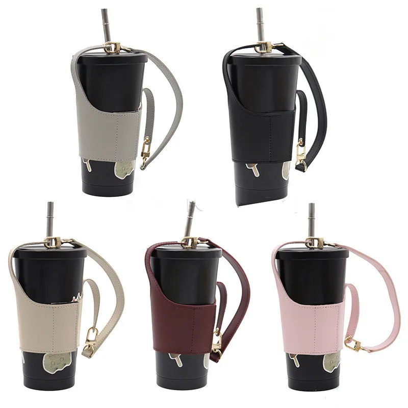 Kreativer Kaffeetassenhalter aus PU-Leder, Becherhalter mit Griff, Becherhülle, individuell für Reisen, Outdoor-Aktivitäten, Großhandel