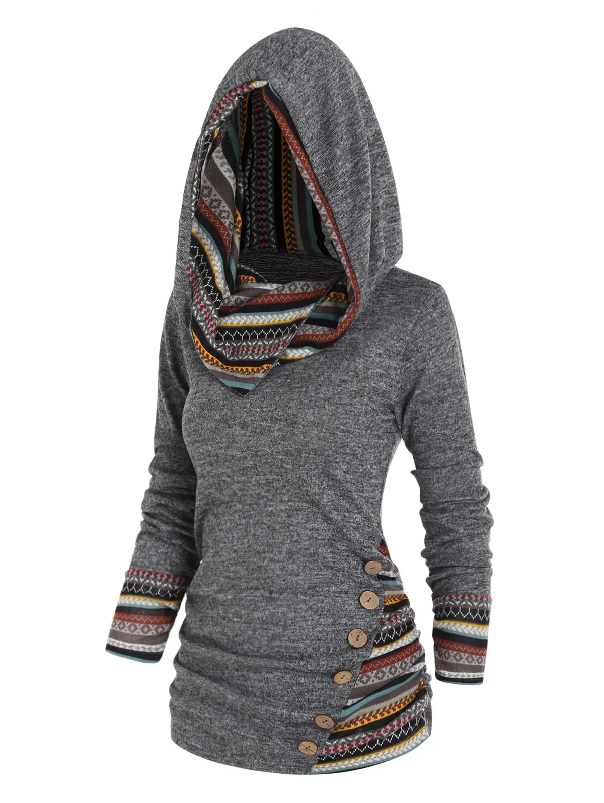 Dames Hoodies Sweatshirts Tribal Geometrisch Gestreept Paneel Gebreide Top met Capuchon Lange mouwen Mock Button Gebreid Dames Casual Etnisch Top Met Kap 230911