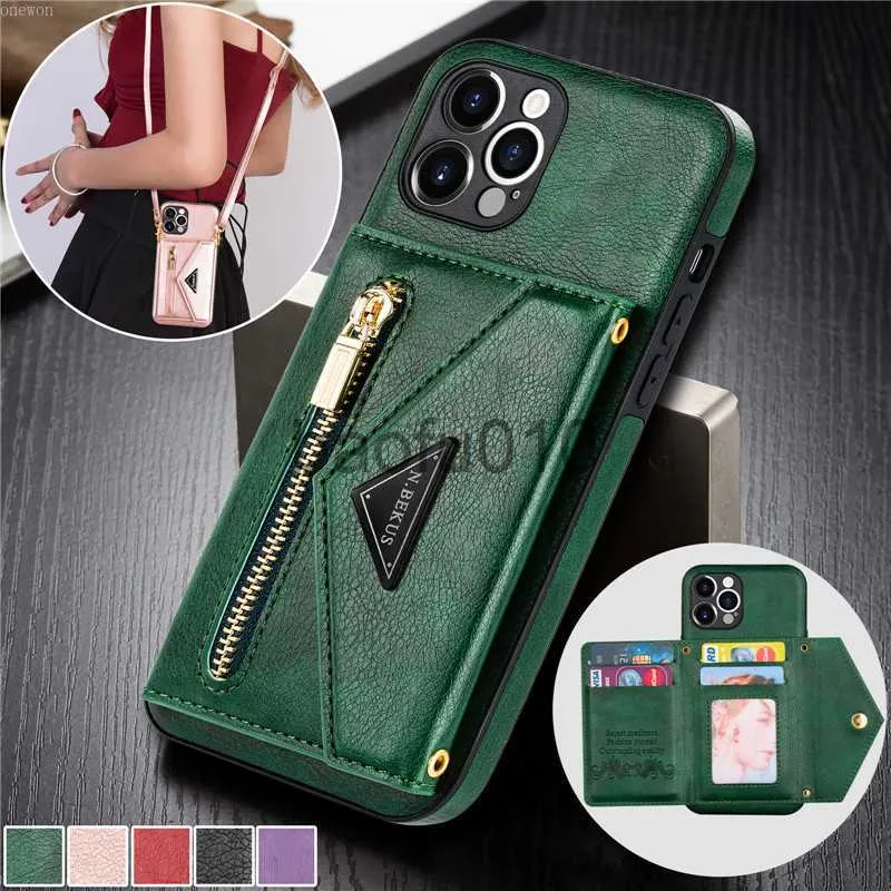 Étuis de téléphone portable Lanyard Zipper Wallet Étuis de téléphone pour iPhone 13 12 11 14 15 Pro Max X XS XR 8 7 6 Plus SE Porte-monnaie en cuir Porte-carte Coque x0912