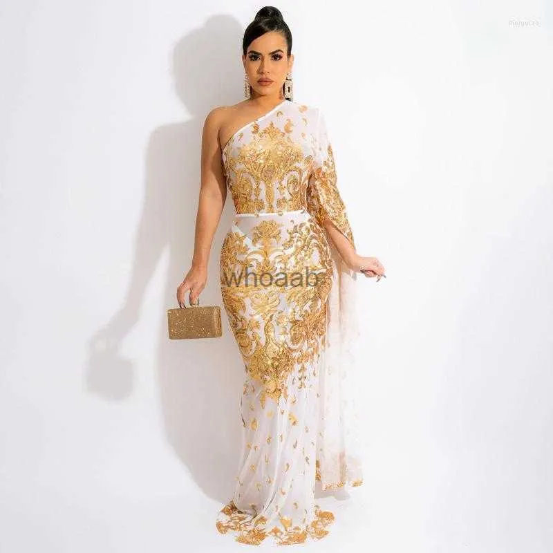MagnificentCasual Woman Dress Brodery Sequin Mesh Women Sexig One Shoulder Full Sleeve Floor Length Party Gown Female Long Robe S-3XL HKD230912