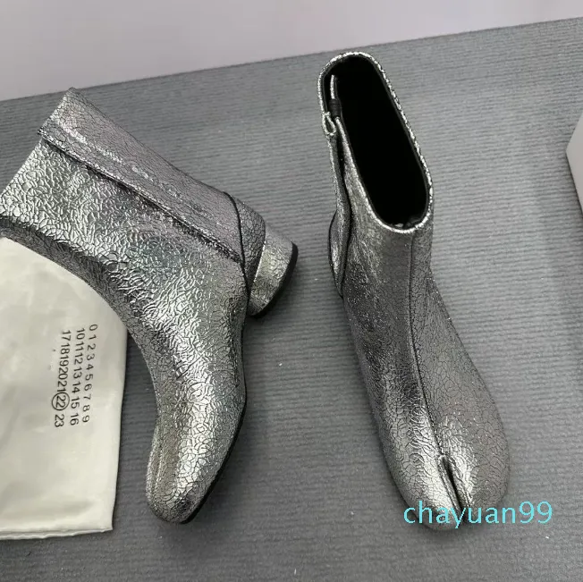 Glitter Anatomique Cheville Tabi Bottes Argent Gris Violet Kaki Talon Bout Rond Bottines Unisexe Femmes Designer De Luxe Mode Chaussures En Peau De Vache Chaussures D'usine