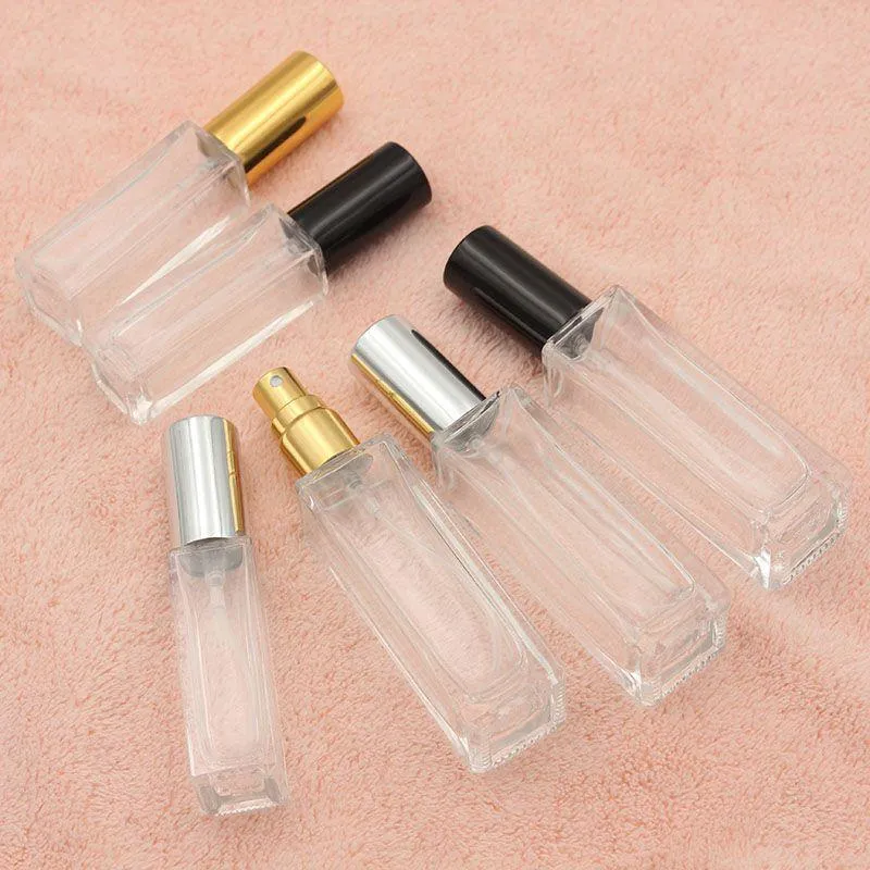 Klare tragbare Parfüm-Sprühflasche aus Glas, 10 ml, 20 ml, leere Kosmetikbehälter mit Zerstäuber, Gold-Silber-Kappe, Duftflaschen Cmkwu